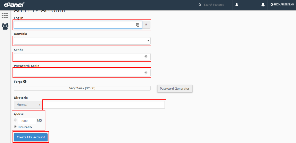 criar uma conta FTP no cpanel