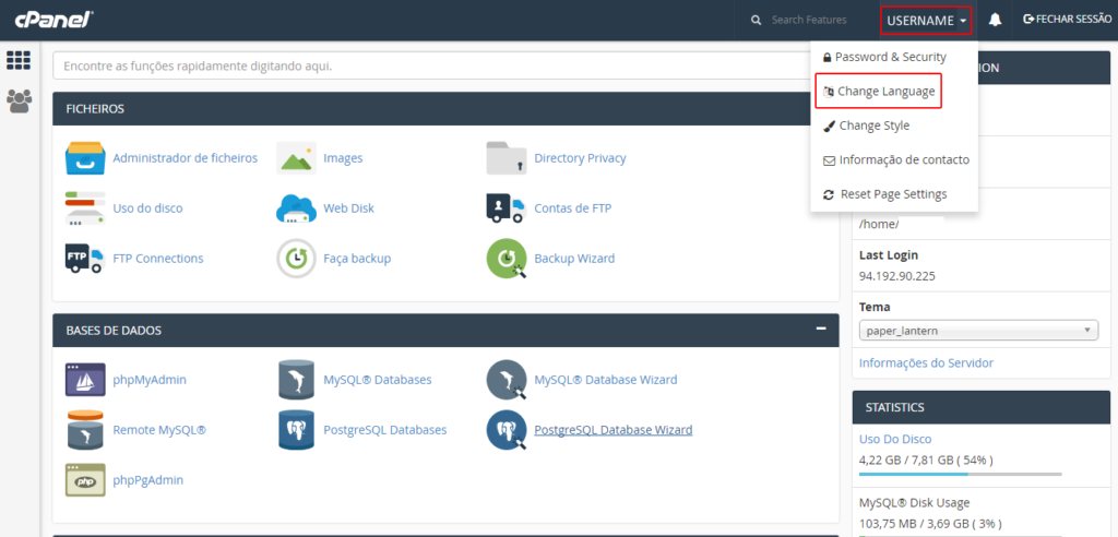 alterar o idioma do Cpanel