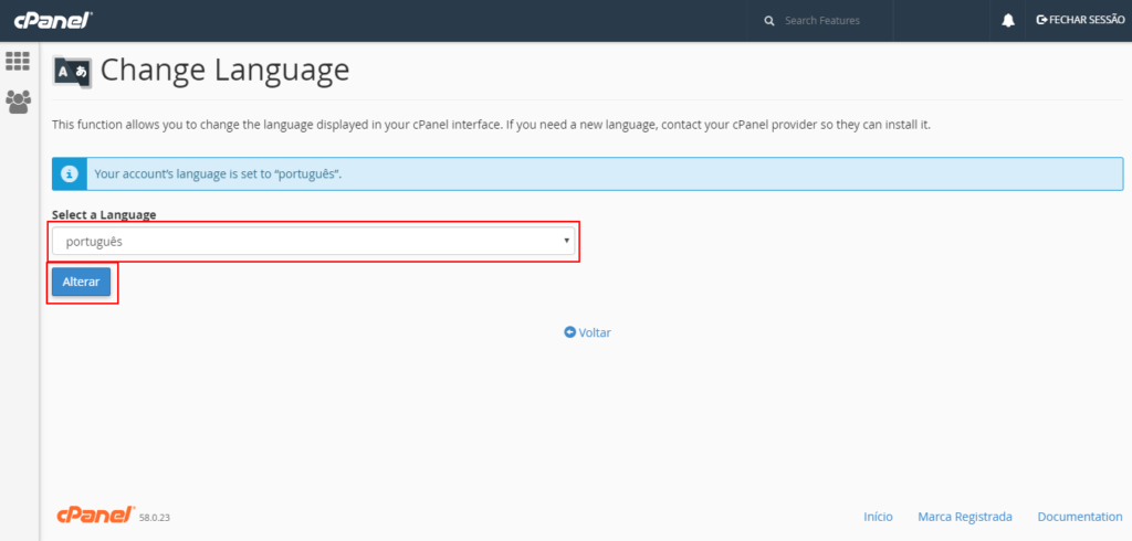 alterar o idioma do Cpanel