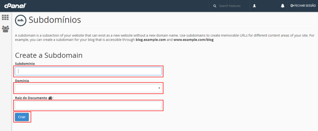 subdomínio no Cpanel