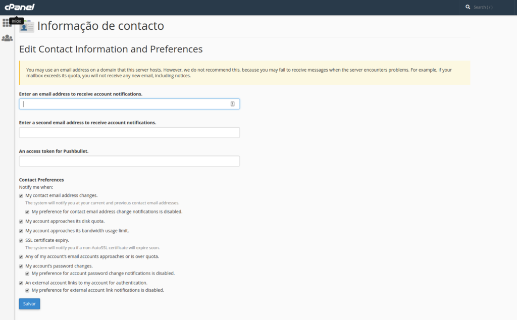 informação de contacto no Cpanel